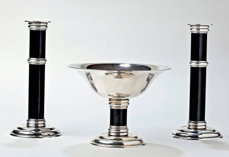 Large French Art Deco Puiforcat Tazza and Matching Candlesticks