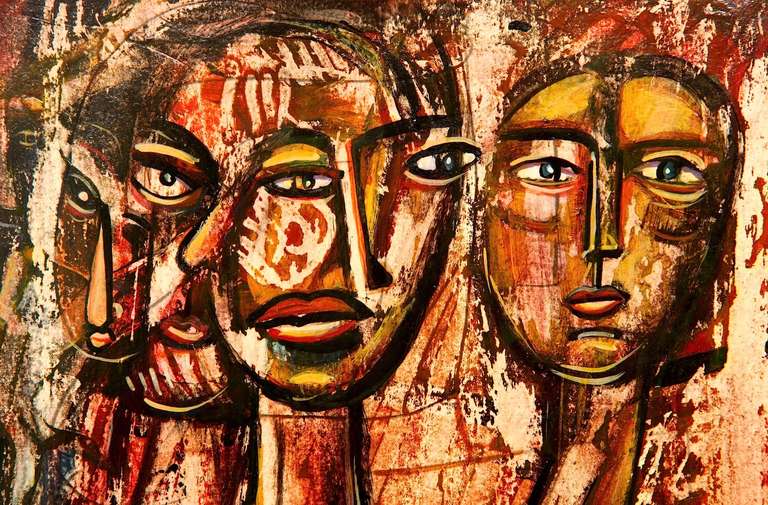Fabulous cubist figural painting with Picasso like faces.  Masterfully created, this small painting is a mixed-media on paper in rich tones floating in a stunning hand-carved giltwood frame with silk matte.  A great wow!  And a piece that works in