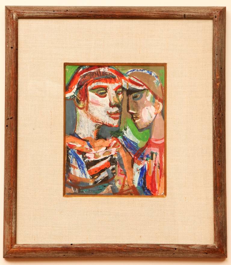 Brillante, vivido e favoloso astratto dell'artista polacco-americano Josef Presser (1909-1967), anni '50 circa. Conosciuto per le sue opere figurative, questo è un ritratto su carta di due artisti del circo, splendidamente eseguito.

Nato a