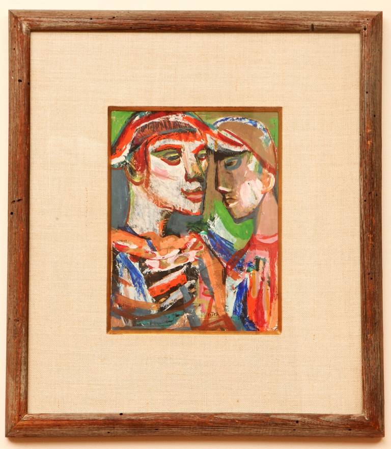 Abstrait brillant, vif et tout à fait fabuleux de l'artiste américain d'origine polonaise Josef Presser (1909-1967), vers les années 1950. Connu pour son travail figuratif, ce portrait sur papier de deux artistes de cirque est magnifiquement