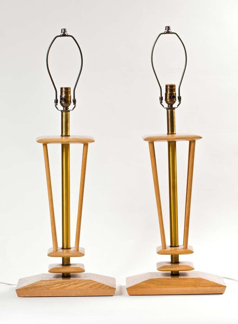 American Pair of Limed Oak Table Lamps in the style of Tommi Parzinger For Sale