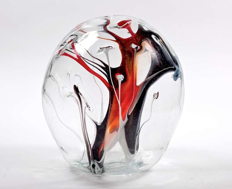 Fabulous 80's Massive Hand Blown Glass Orb Sculpture by Peter Bramhall with vibrant oranges, reds, black, gray and whites.  Part of the Inferno Series...Superb Scale! Signed.