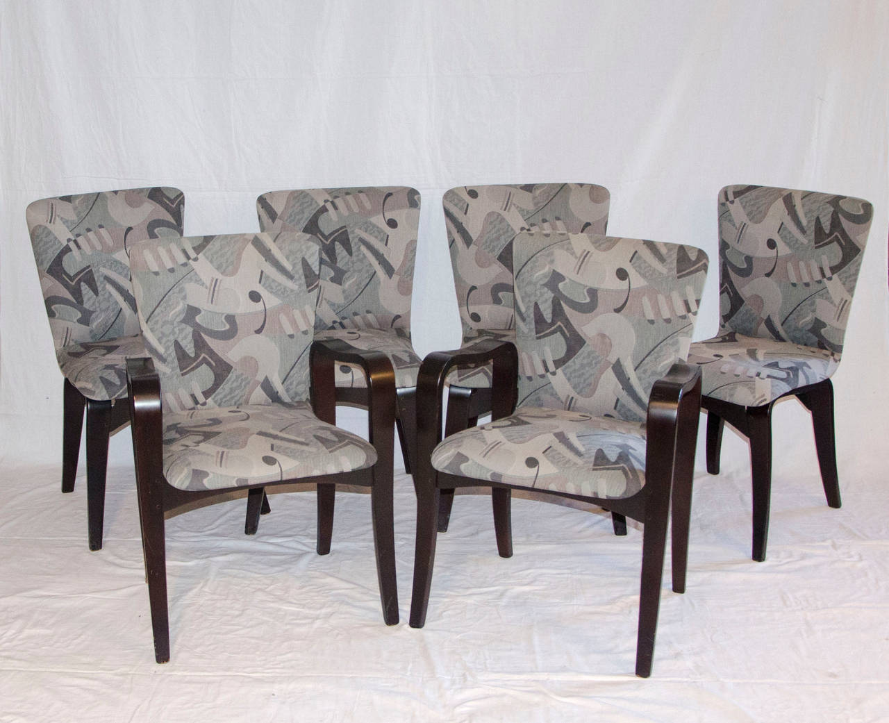 Refinished and reupholstered in the early 90's by the previous owner. The wood is finished in very dark brown color. Fabric pattern name is "Guitar", light and dark grey tones.
The arm chairs are: 34" tall, 23 1/4"" wide,