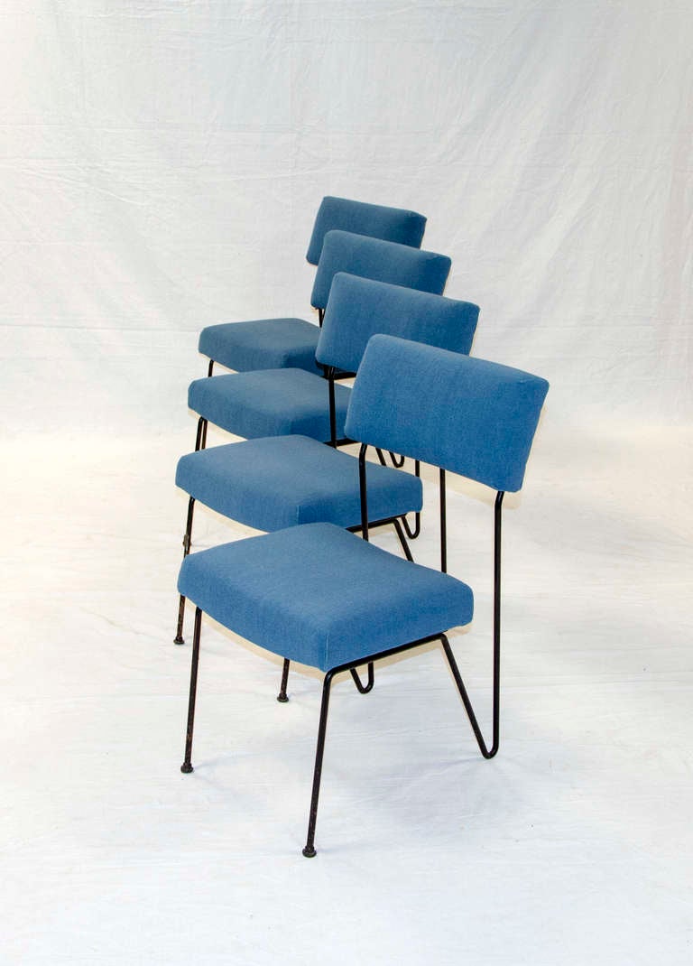 Flex back and hairpin leg metal frame chairs designed by well known California modern furniture designer Dorothy Schindele. Very comfortable back rests flex when you lean back on them. Chairs would fit best with a 28