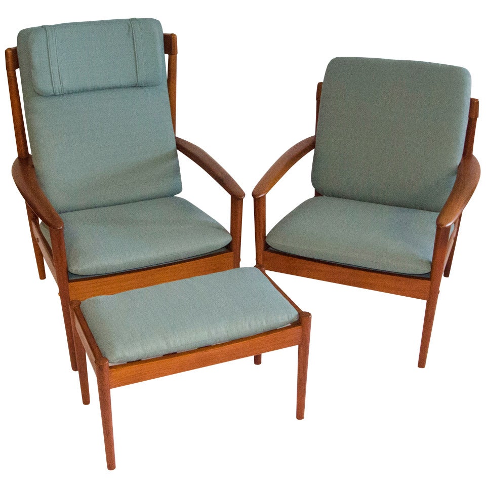 Mid Century Pair of Teak Lounge Chairs & Ottoman - Grete Jalk