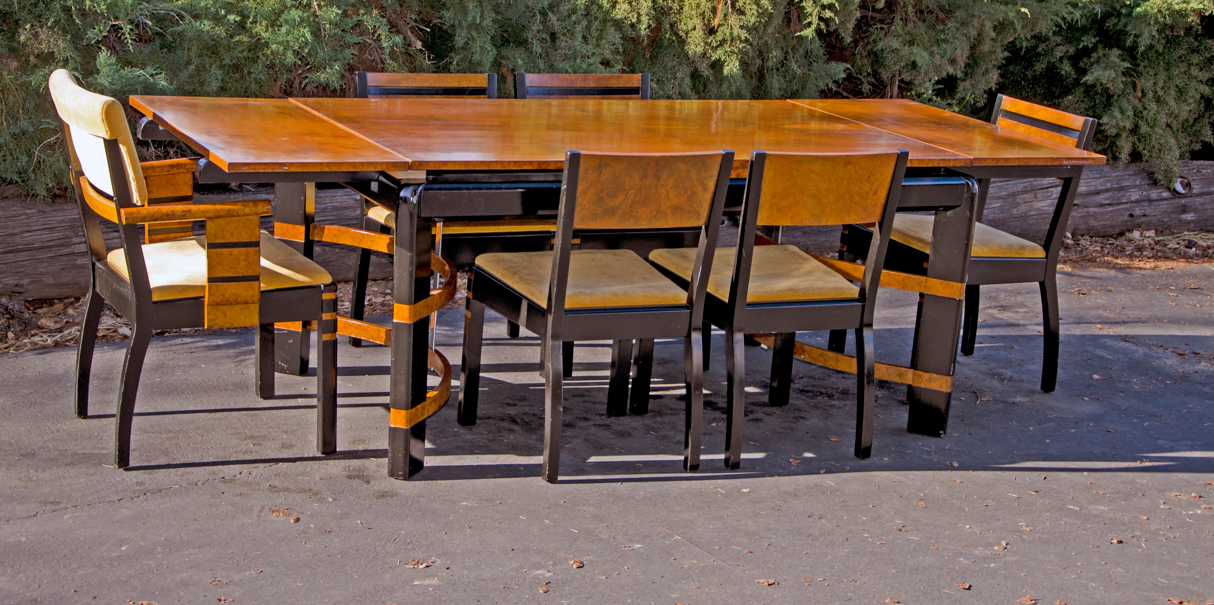 Art Deco Walnut Burl Dining Table 
Chairs Donald Deskey or Walter Dorwin Teague