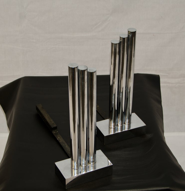 20th Century Modernist Chrome Andirons For Sale