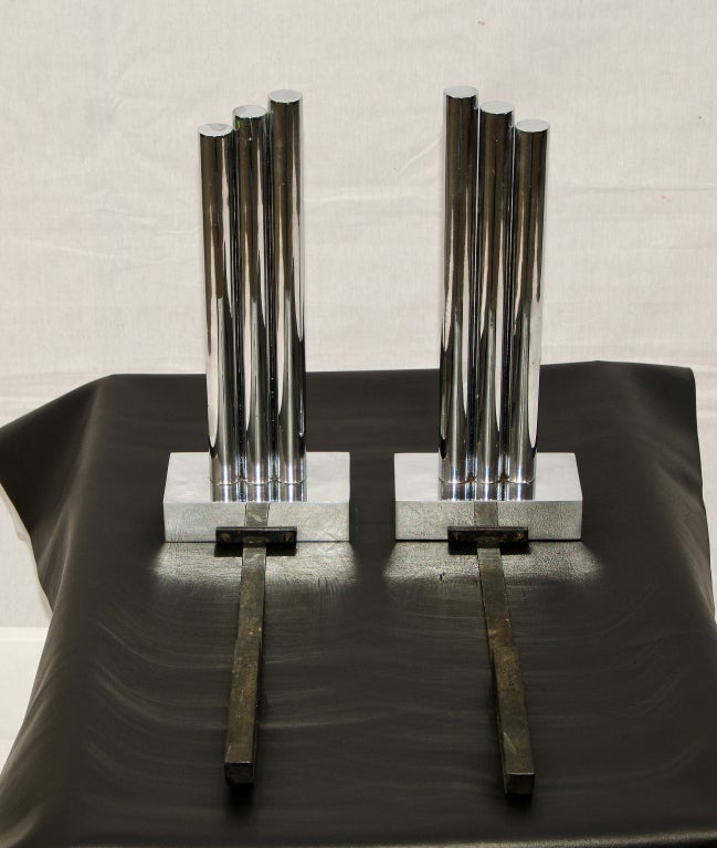 Stainless Steel Modernist Chrome Andirons For Sale
