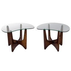 Glass Top End Tables- Pair - Wood Base