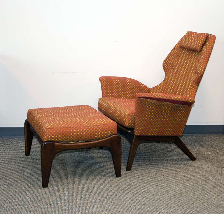 Wonderful example of an Adrian Pearsall chair and ottoman with impeccable reupholstery job. Perfect cant to chair back and removable headrest for comfortable seating.
Ottoman is 25 1/2" wide by 21 1/2" deep and 16 1/2" high.