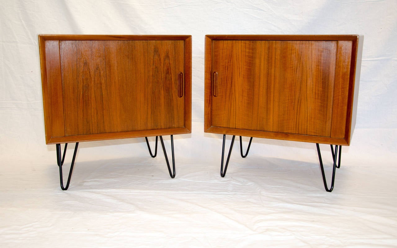 Mid-Century Modern Pair of Danish Teak Nightstands, Tambour Doors, Falster