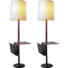 Pair of Bent Ply Magazine Tables with Attached Lamps
