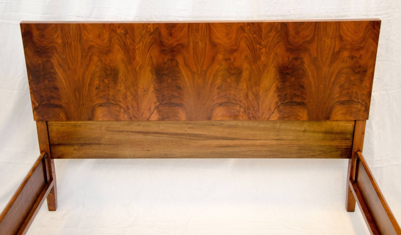 Simple design midcentury full-size bed. Beautiful book-matched burled walnut grain pattern. The bed can be used as a standard double bed or as a queen size using a low profile conversion rail system (a metal unit available on the internet).