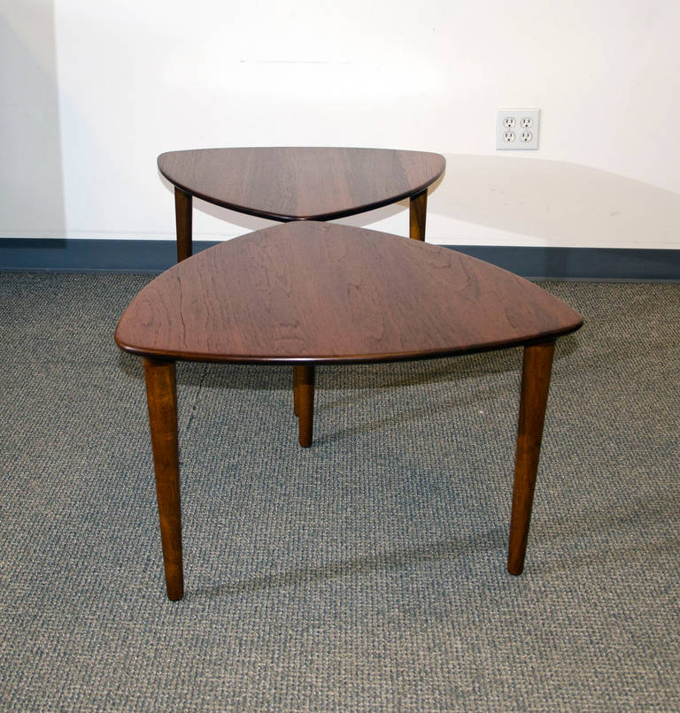 Pair of Midcentury Solid Teak Triangular Occasional Tables In Excellent Condition In Crockett, CA