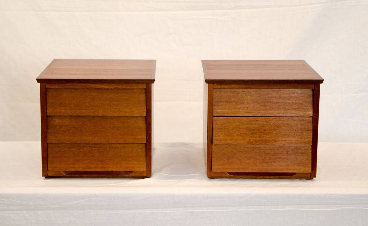 Two small three drawer cabinets can be used for jewelry storage or as desk organizers. Originally these were units that separated a china top and a credenza base. Re-purposed with tops added as well as a small plinth base. The labels are under the