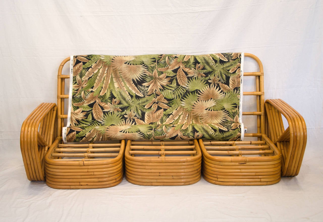 Five Band Rattan 3 Piece Sectional Sofa, Arm Chair & 3 Ottomans In Good Condition In Crockett, CA
