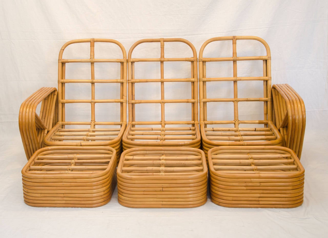 Japanese Five Band Rattan 3 Piece Sectional Sofa, Arm Chair & 3 Ottomans