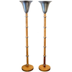 Art Deco Brushed Aluminum Torchere Lamps in the style of Russel Wright