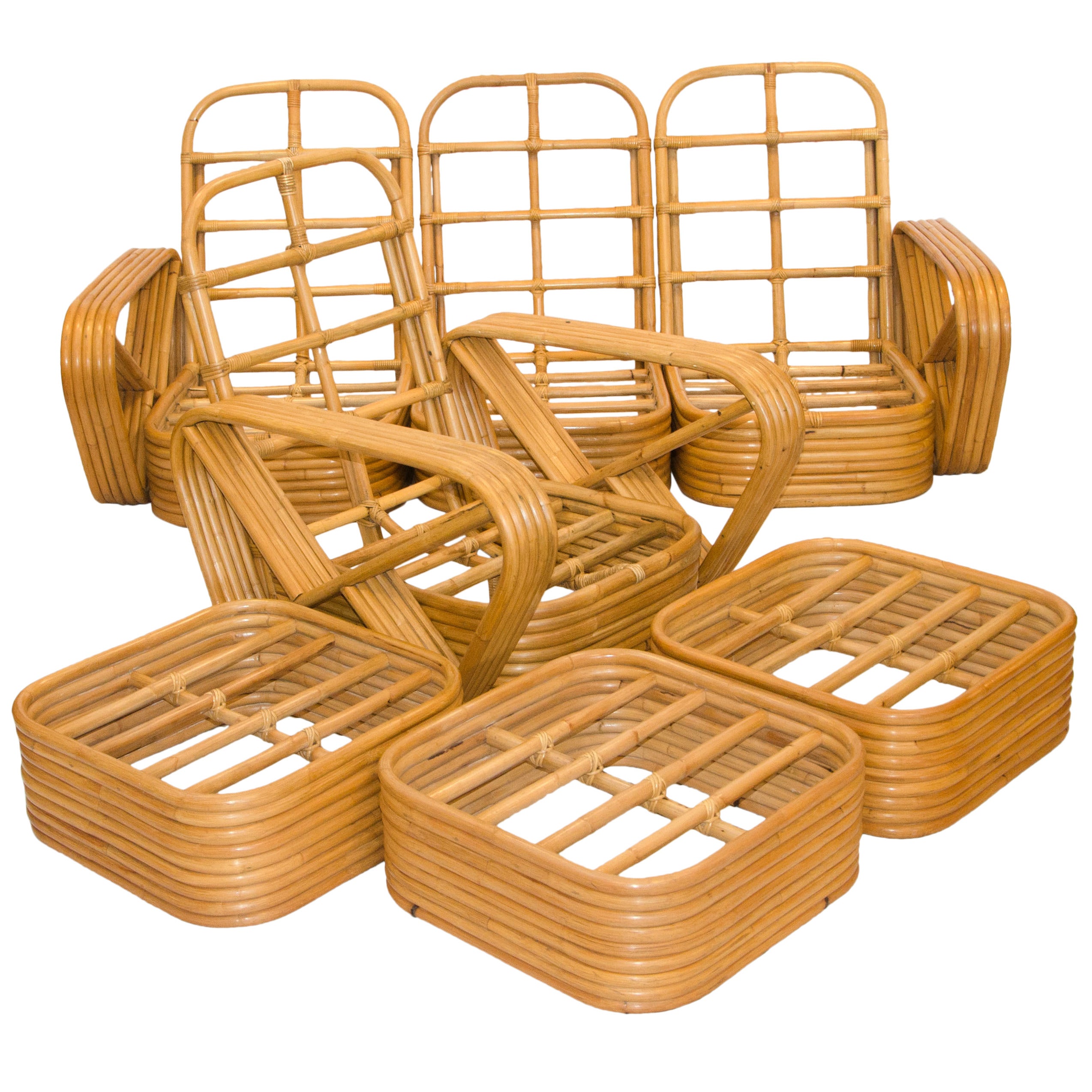 Five Band Rattan 3 Piece Sectional Sofa, Arm Chair & 3 Ottomans