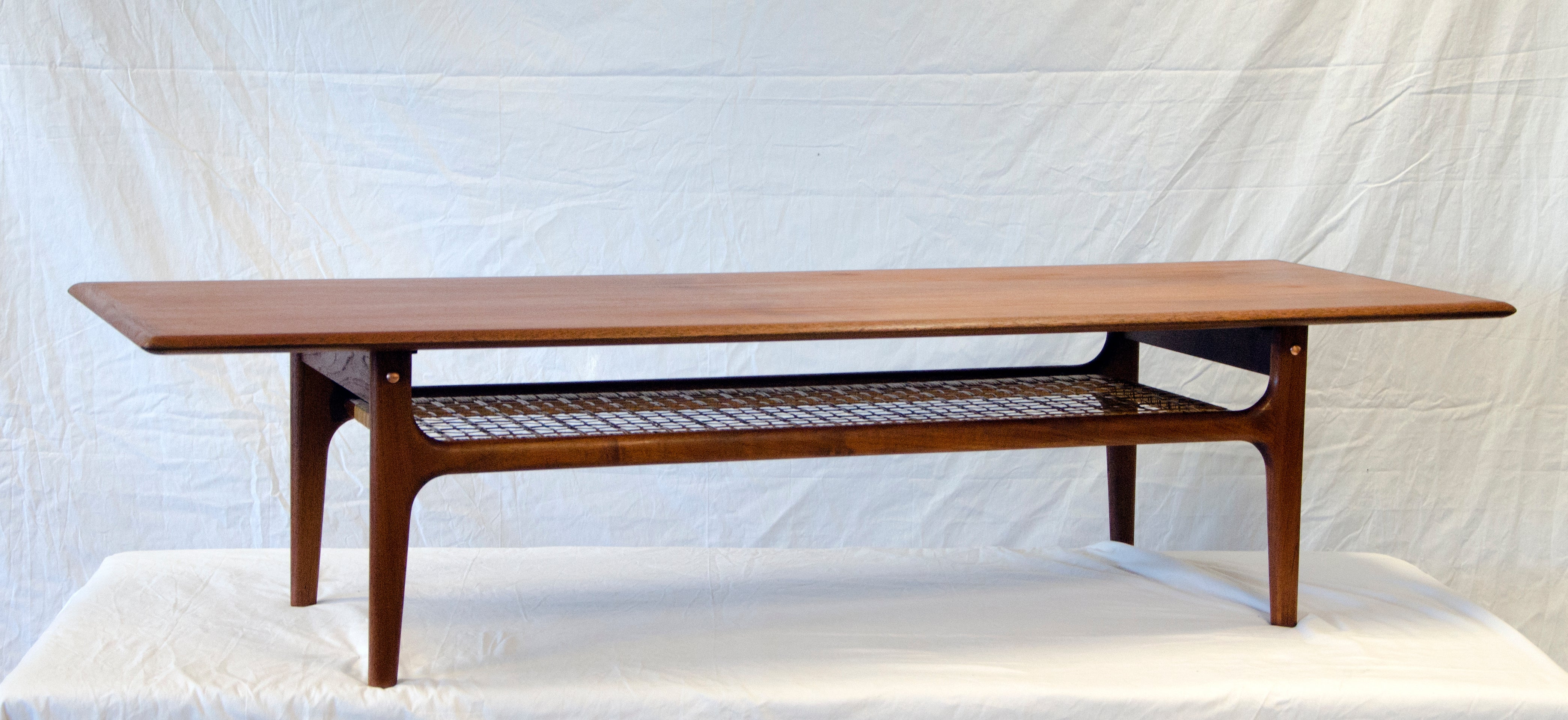 Danish Modern Coffee Table Caned Shelf