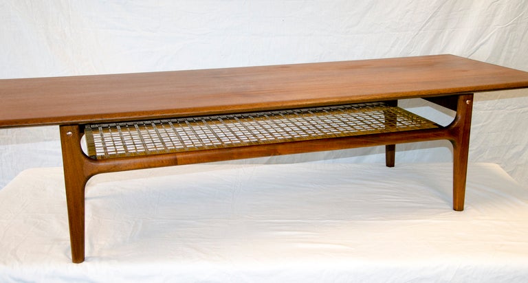 Danish Modern Coffee Table Caned Shelf In Excellent Condition In Crockett, CA