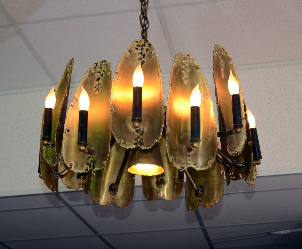 Brass Brutalist Hanging Light Fixture/Chandelier, Tom Greene for Feldman Co.
