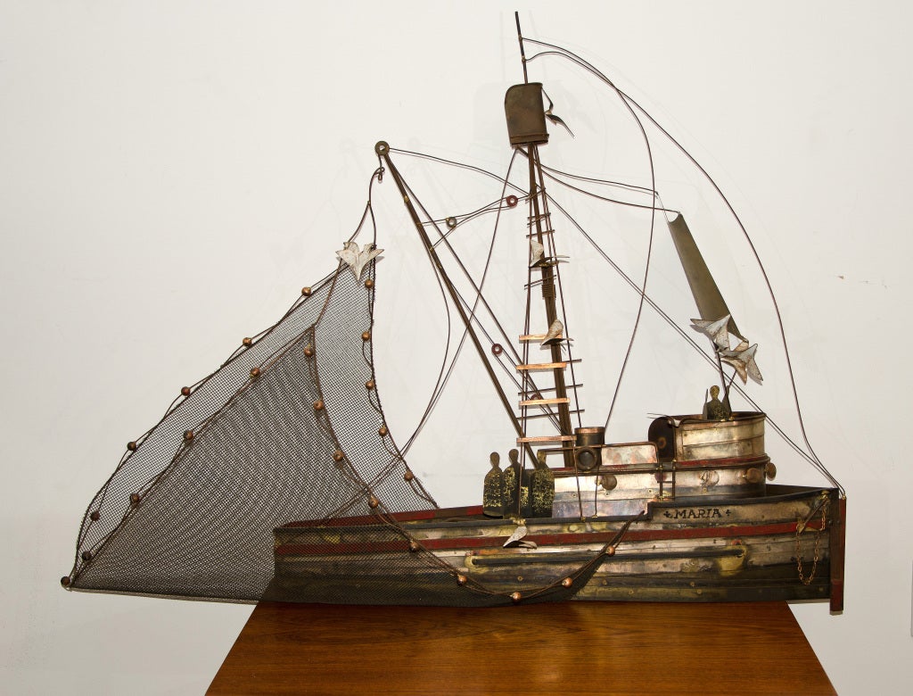 Curtis Jere metal sculpture. Vintage fishing boat  