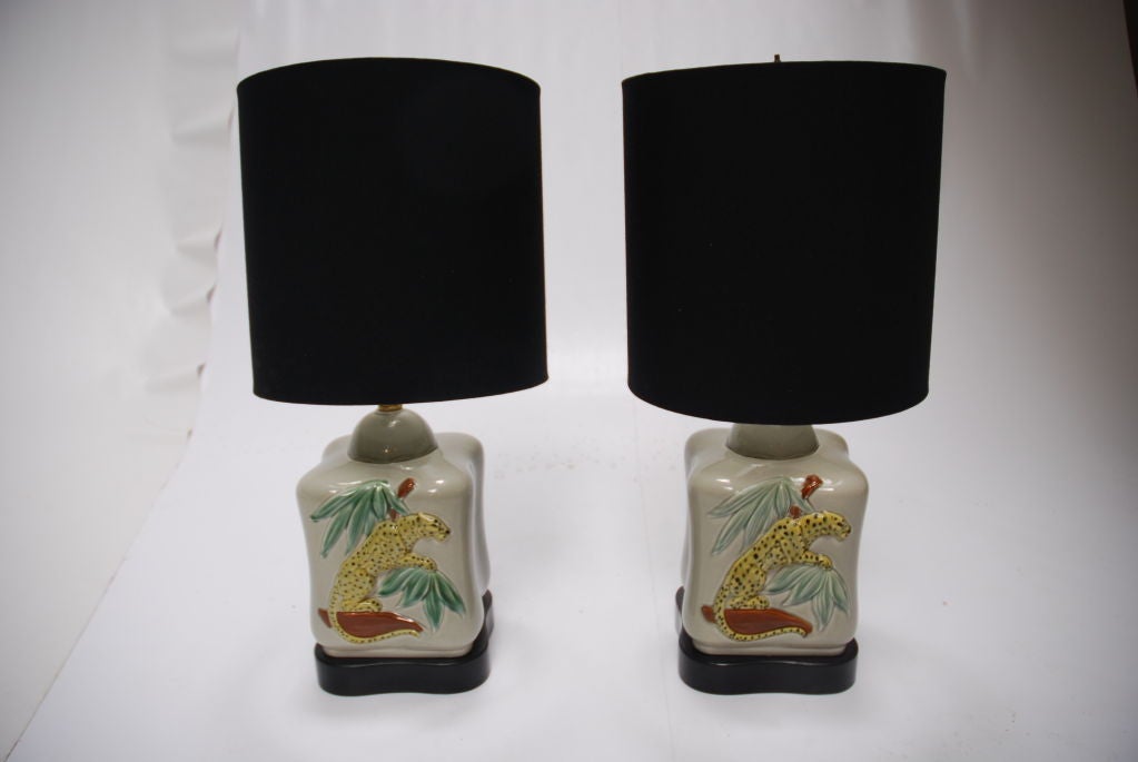 Pair of ceramic leopard Acapulco lamps.