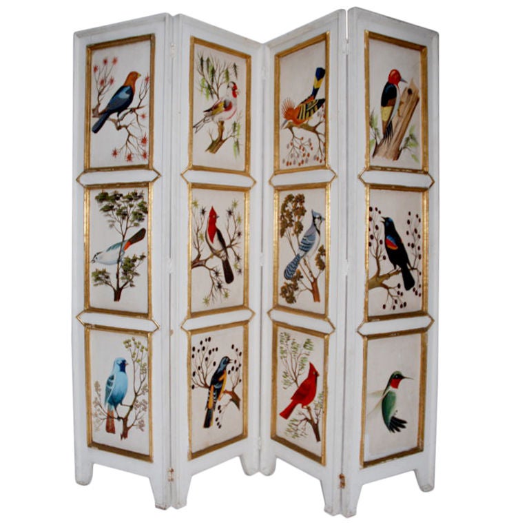 Mid-20th Century Rangel's workshop Folding Screen painted with birds For Sale