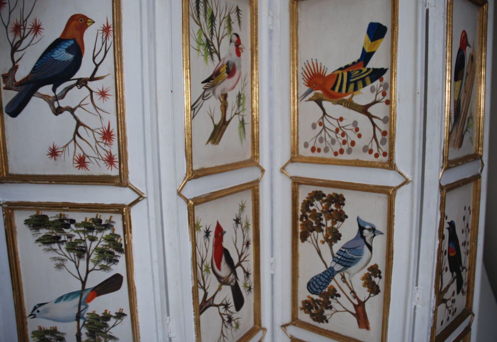Wood Rangel's workshop Folding Screen painted with birds For Sale