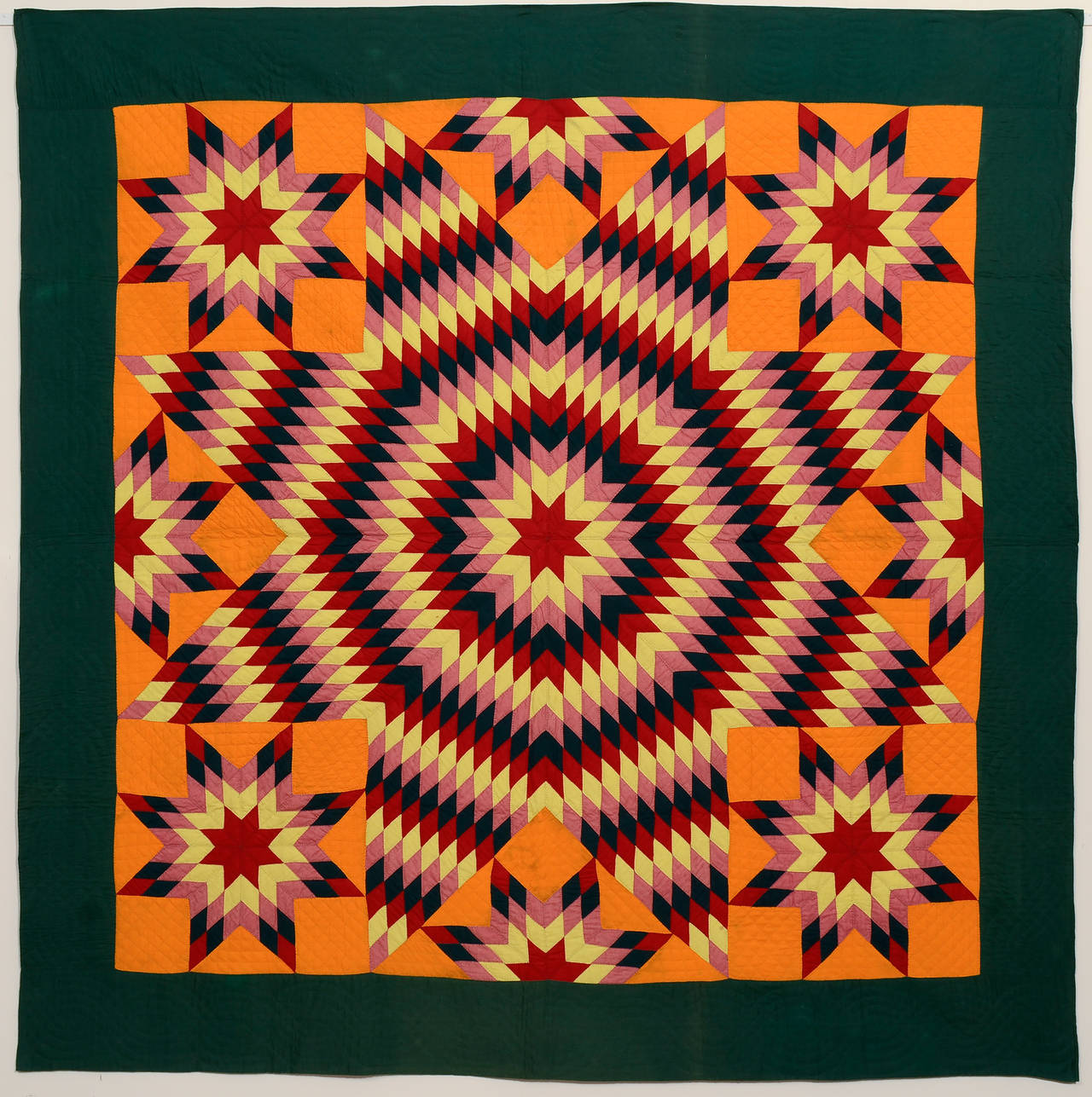 Wow, does this pop or what? This Star of Bethlehem quilt (aka Texas Star) is from Oley, Pennsylvania. It has all of the bold characteristics often seen in Berks County quilts. It is made entirely of solid color fabrics which adds tremendously to the