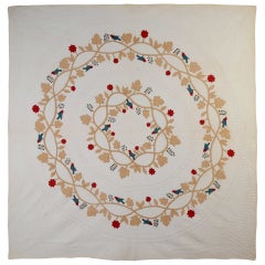 Antique Appliqued Wreath Quilt with Birds and Trapunto
