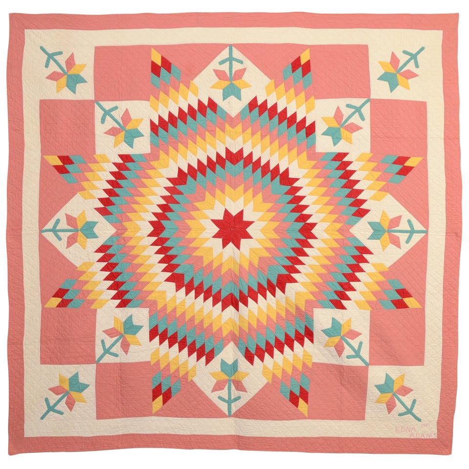 Lone Star Quilt with Tulips Signed and Dated 1931