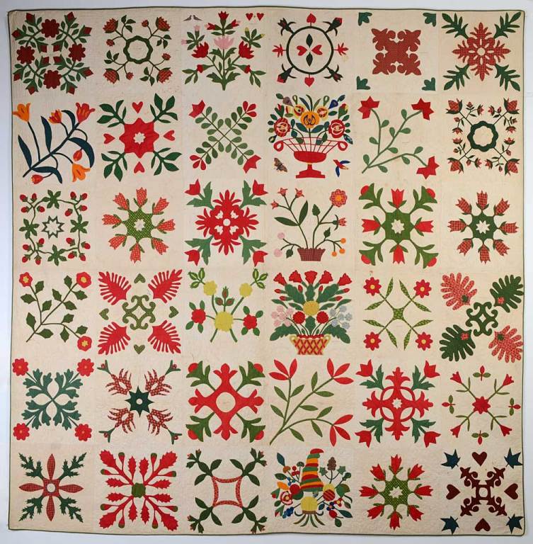 This stunning Album Quilt was signed by many of Harford County's most prominent families. Surnames include Osborn; Gilbert and Mitchell. It is dated 1851. Many of the blocks, such as the cornucopia and lattice basket are familiar from the prized