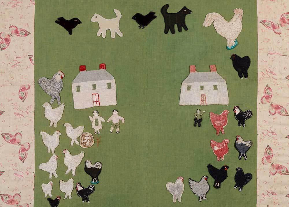 This unique Farm Scene Crib quilt is whimsical and charming in every way. Chickens are as large as the human figures. Eggs are shown in a nest. The buildings; animals and people are finely crocheted. The two dogs and two birds across the top are