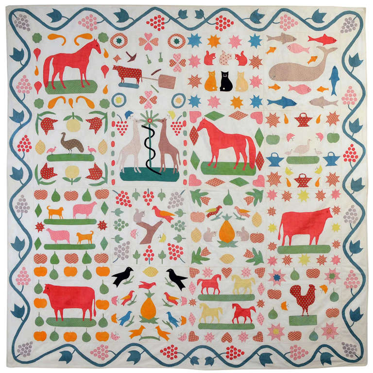Folk Art Masterpiece Animals Quilt at 1stDibs