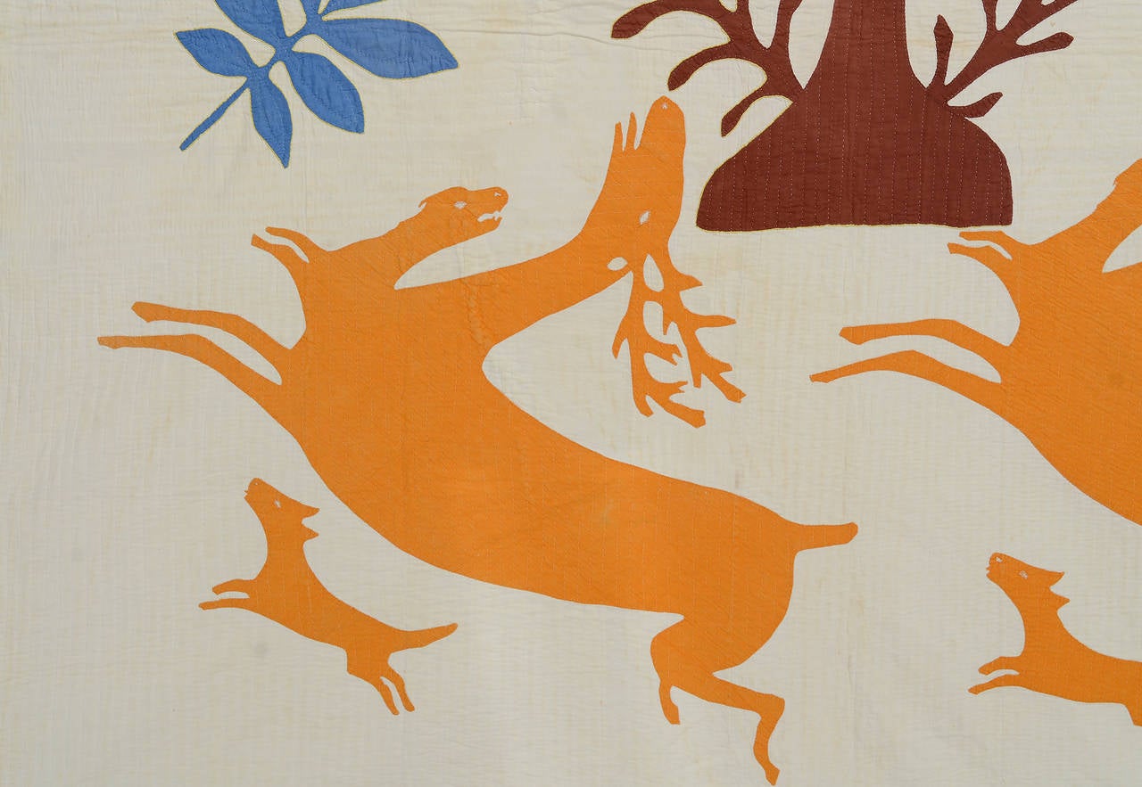 American Stag and Hounds Folk Art Quilt For Sale