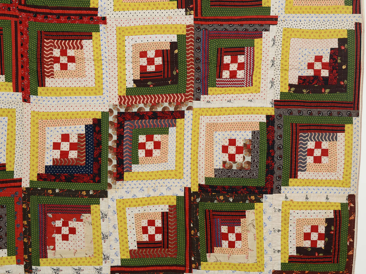 Patchwork Barnraising Log Cabin Quilt with Nine Patch Centers