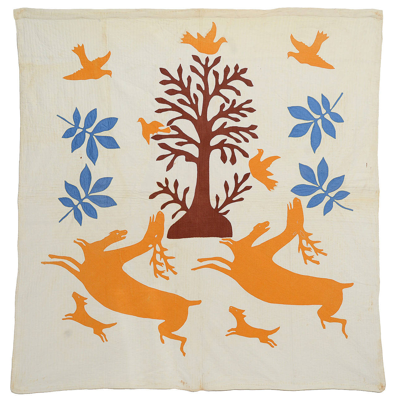 Stag and Hounds Folk Art Quilt For Sale at 1stdibs