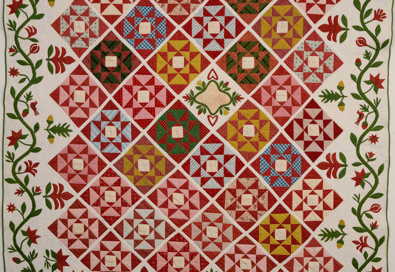 This New Jersey Friendship quilt  was likely made as a wedding gift. Both the hearts around the central inscription and the pair of lovebirds at the bottom indicate it was a gift commemorating an event related to affection.
Inked signatures are in