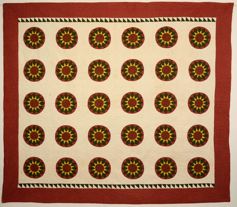 This Rising Sun quilt (aka Russian Sunflower) has it all. It is a beautiful pattern with extraordinary quilting and extensive provenance. It was made by Mary Showman Poffenberger (1827-1902) for her husband Elias Poffenberger (1827-1901). The