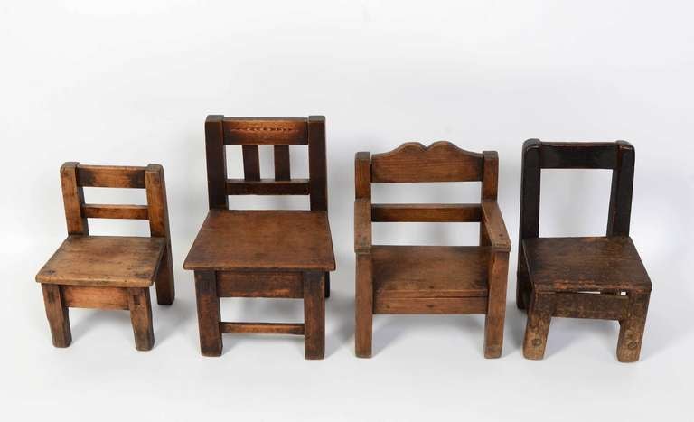 Four homemade chairs for children found in Chiapas, Mexico. The largest is 16 1/2