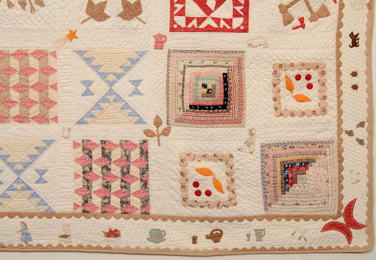 19th Century Temperance Sampler Quilt with Figures and Animals and Figures