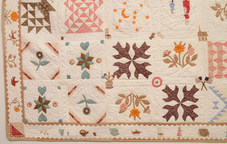 Cotton Temperance Sampler Quilt with Figures and Animals and Figures