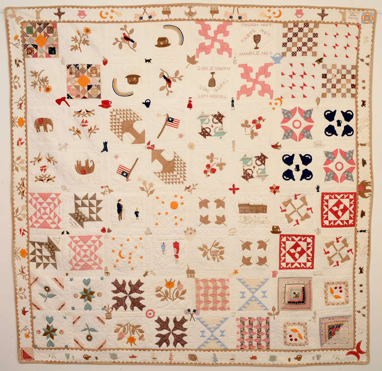 There are many exceptional aspects to this delicate sampler quilt. The format is unusual. Upon close examination, one can see that it is arranged in groups of four blocks. The detail is exceptional. Among the images appliqued and embroidered on the