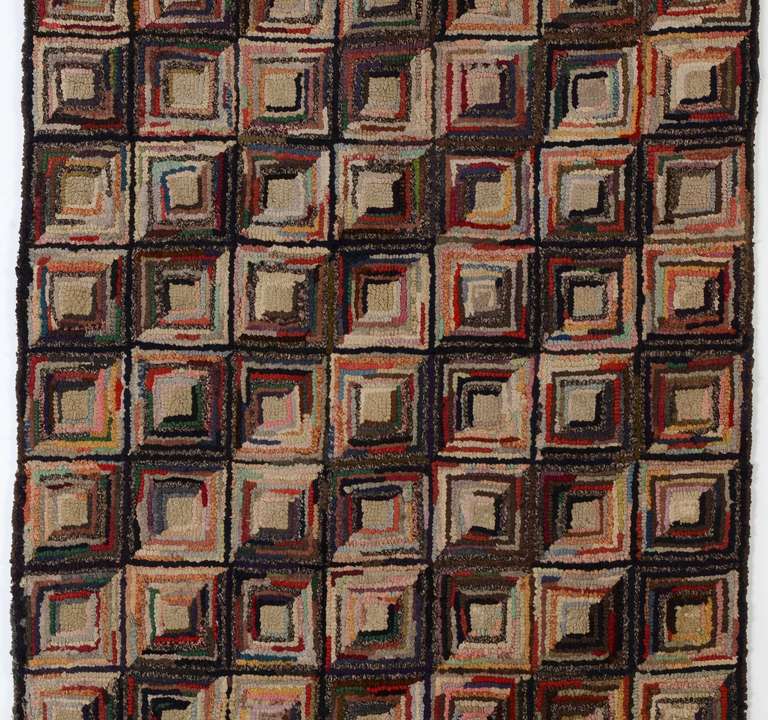 Log Cabin Straight Furrows Hooked Rug at 1stDibs