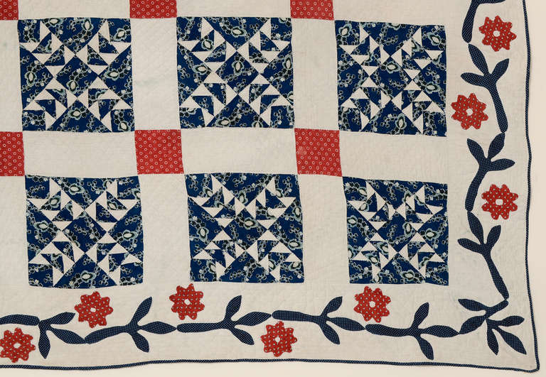Wild Goose Chase Quilt with Applique Border In Excellent Condition In Darnestown, MD