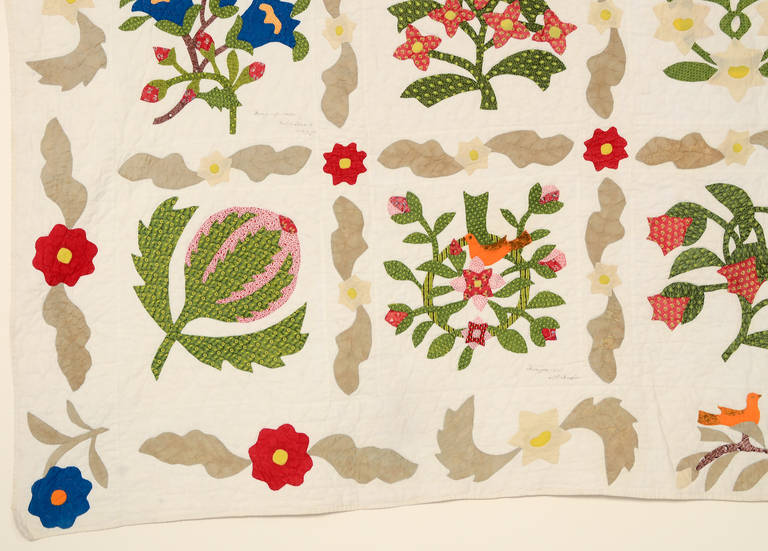 19th Century Botanical Album Quilt with Birds from Connecticut