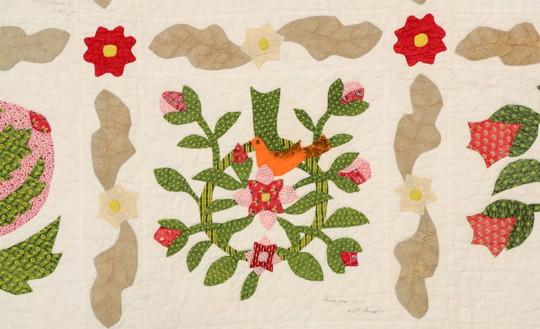 Cotton Botanical Album Quilt with Birds from Connecticut