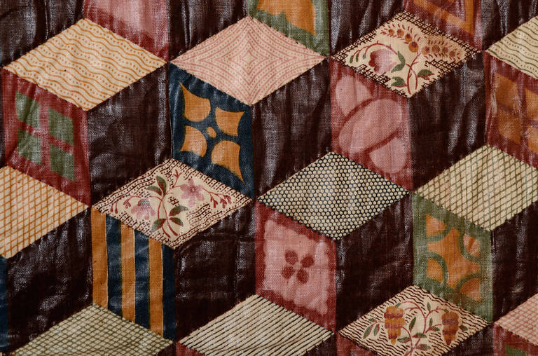 19th Century Tumbling Blocks Cheater's Cloth Quilt